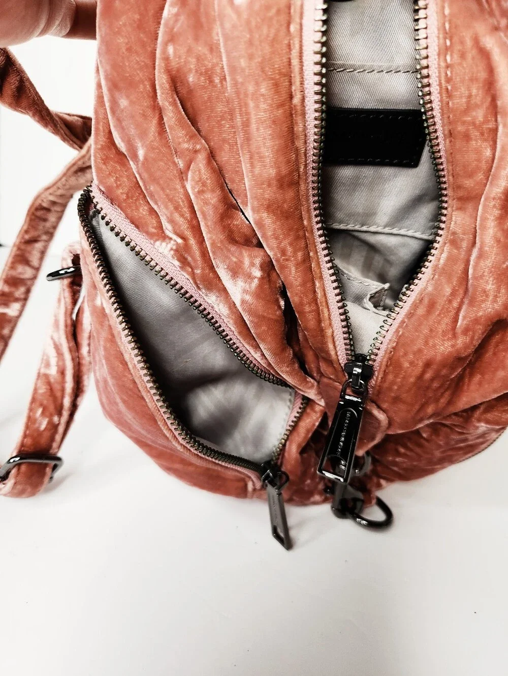 Rebecca Minkoff Julian Pink Crushed Velvet Backpack Purse Bag